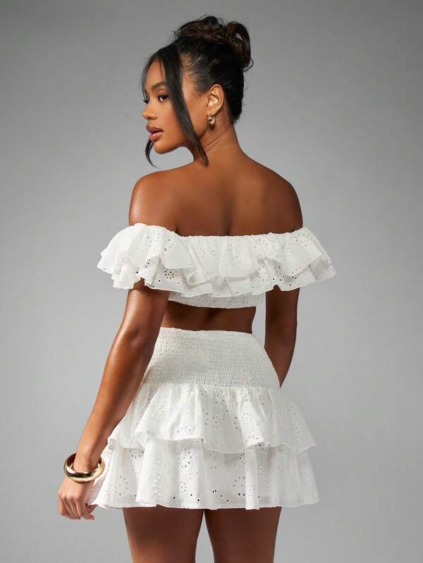 Missguided MISSGUIDED Broderie Anglaise Ruffled Crop Top With Tiered Mini Skirt