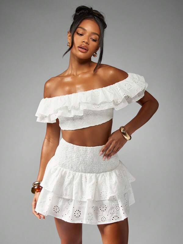 Missguided MISSGUIDED Broderie Anglaise Ruffled Crop Top With Tiered Mini Skirt