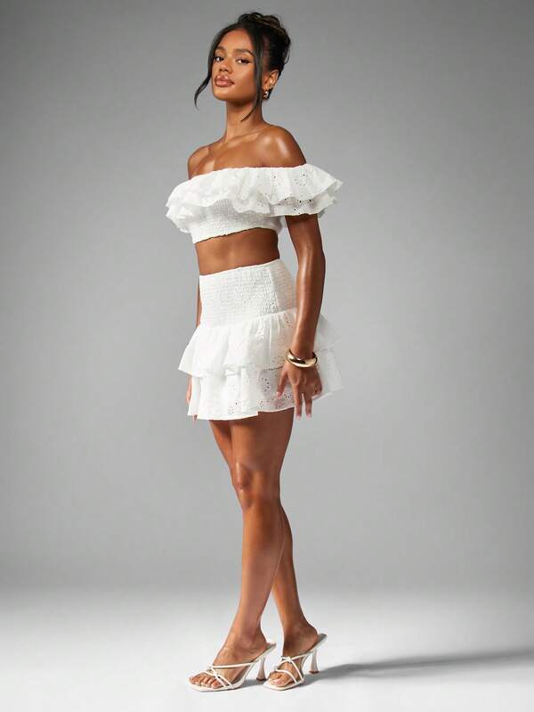 Missguided MISSGUIDED Broderie Anglaise Ruffled Crop Top With Tiered Mini Skirt