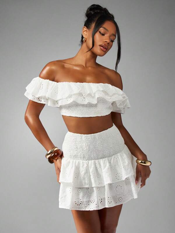 missguided MISSGUIDED Broderie Anglaise Ruffled Crop Top With Tiered Mini Skirt