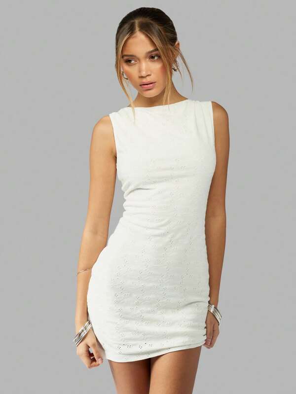 Missguided MISSGUIDED Broderie Anglaise Sleeveless Mini Dress With Waist Detail