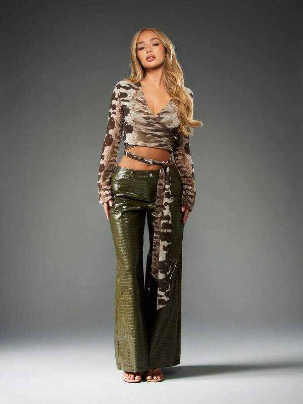 Missguided MISSGUIDED Brown Animal Print Wrap Top With Long Sleeves