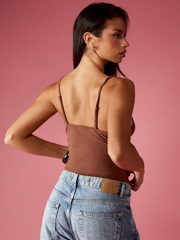 Missguided MISSGUIDED Brown Cami Top With White Lace Trim