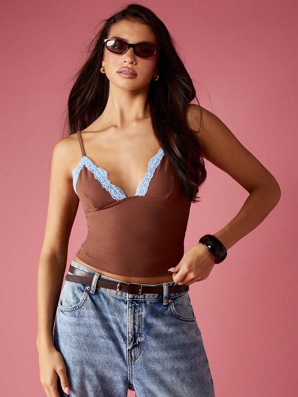 Missguided MISSGUIDED Brown Cami Top With White Lace Trim