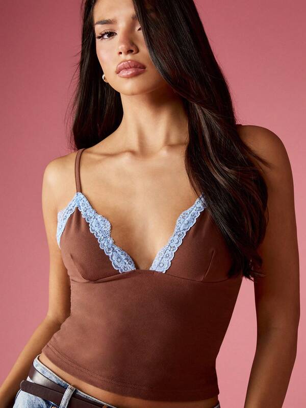 missguided MISSGUIDED Brown Cami Top With White Lace Trim