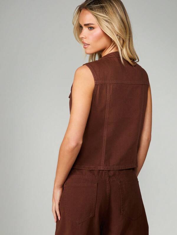 Missguided MISSGUIDED Brown Denim Sleeveless Button Front Vest