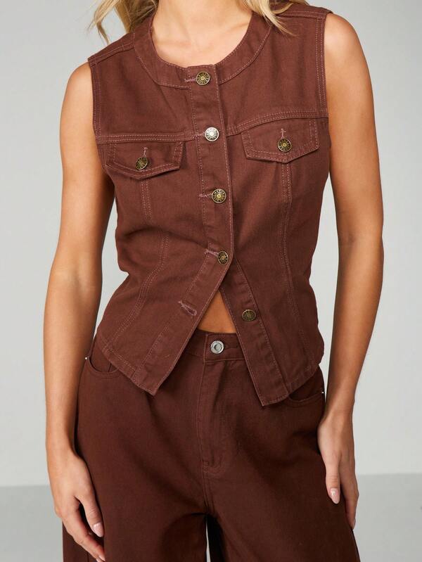Missguided MISSGUIDED Brown Denim Sleeveless Button Front Vest