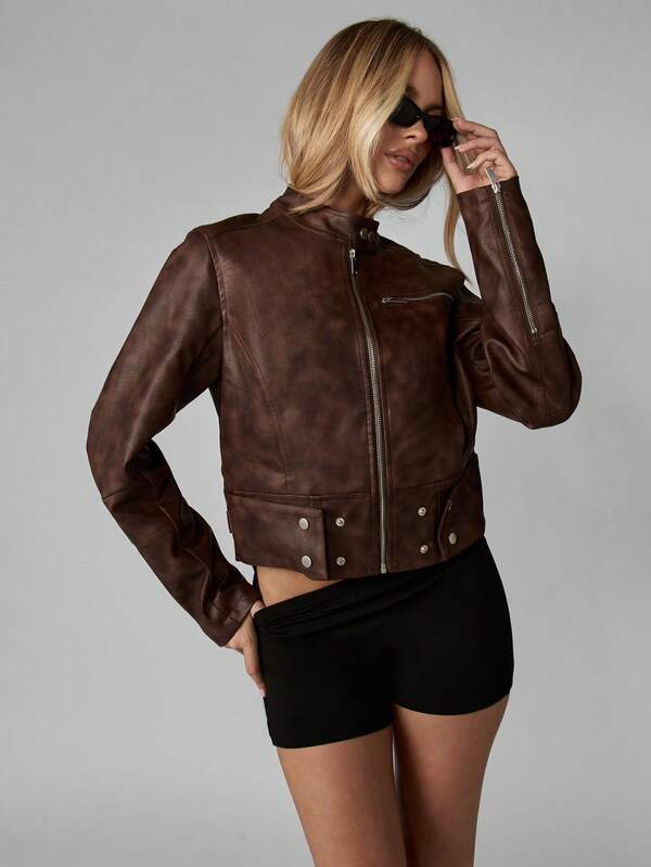 Missguided MISSGUIDED Brown Leather Motorcycle Jacket With Side Zips