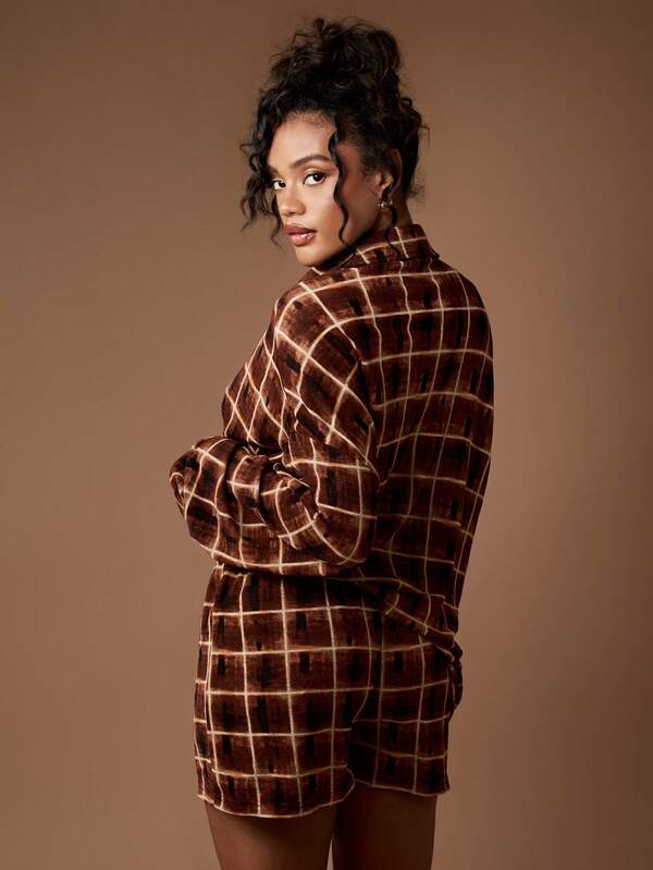 Missguided MISSGUIDED Brown Plaid Knitted Two Piece Set