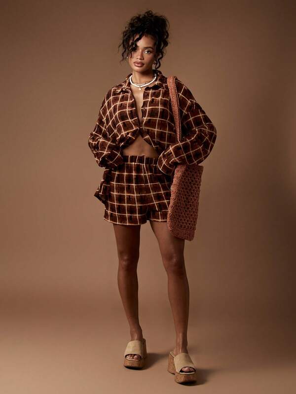 Missguided MISSGUIDED Brown Plaid Knitted Two Piece Set