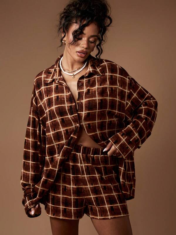 missguided MISSGUIDED Brown Plaid Knitted Two Piece Set