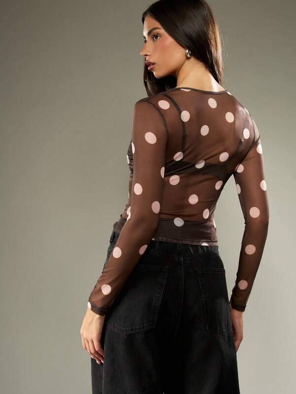 Missguided MISSGUIDED Brown Polka Dot Mesh Top With Long Sleeves