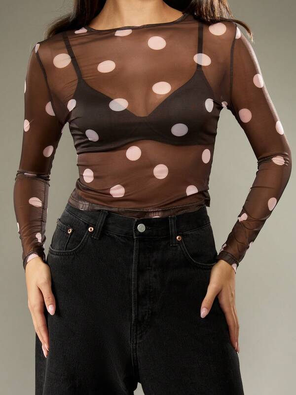 Missguided MISSGUIDED Brown Polka Dot Mesh Top With Long Sleeves