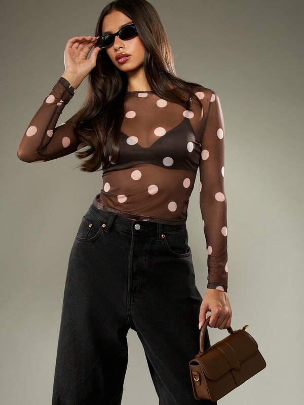 missguided MISSGUIDED Brown Polka Dot Mesh Top With Long Sleeves
