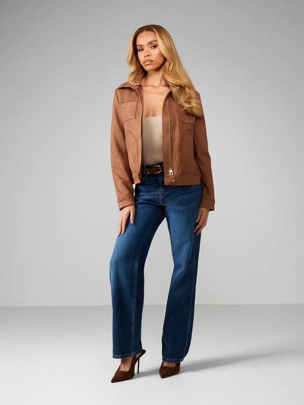 Missguided MISSGUIDED Brown Suede Bomber Jacket With Zip