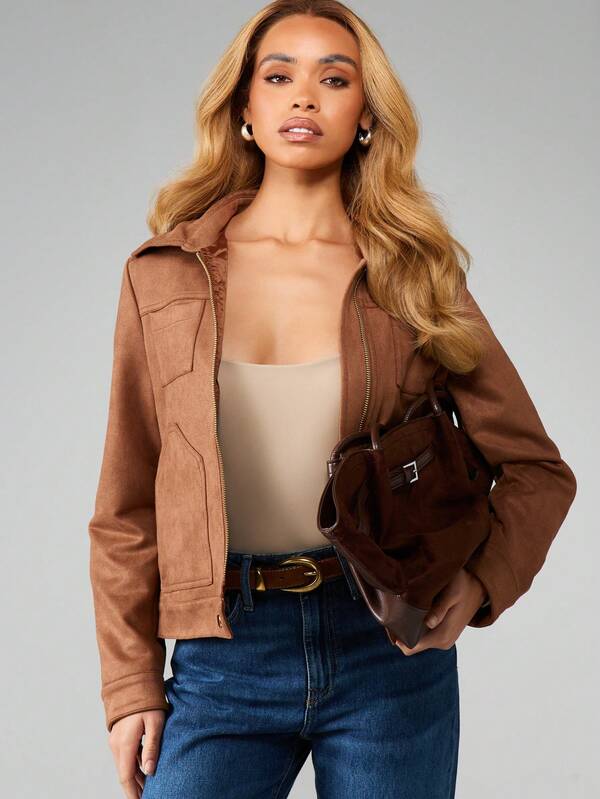 missguided MISSGUIDED Brown Suede Bomber Jacket With Zip
