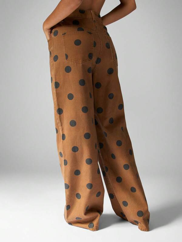 Missguided MISSGUIDED Brown Wide Leg Jeans With Black Polka Dots