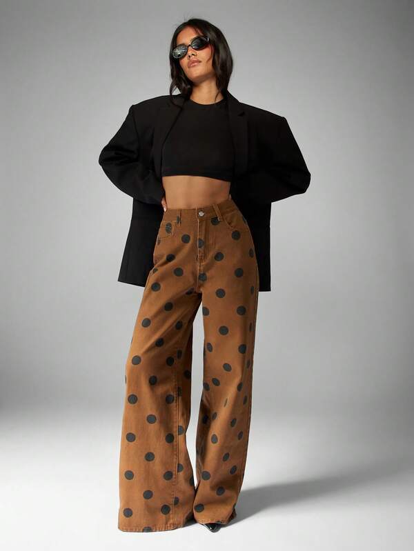 Missguided MISSGUIDED Brown Wide Leg Jeans With Black Polka Dots
