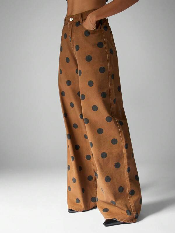 missguided MISSGUIDED Brown Wide Leg Jeans With Black Polka Dots