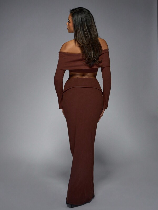 Missguided MISSGUIDED Brush Rib Flap Detail Off Shoulder Long Sleeves Top And Bodycon Maxi Skirt Two Piece Co-Ord Set