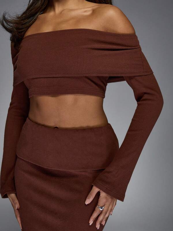 Missguided MISSGUIDED Brush Rib Flap Detail Off Shoulder Long Sleeves Top And Bodycon Maxi Skirt Two Piece Co-Ord Set