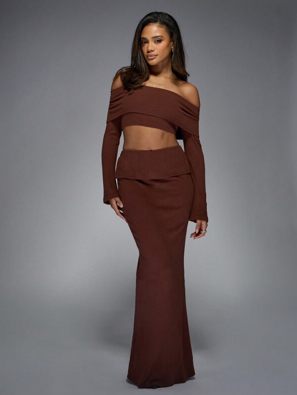 missguided MISSGUIDED Brush Rib Flap Detail Off Shoulder Long Sleeves Top And Bodycon Maxi Skirt Two Piece Co-Ord Set