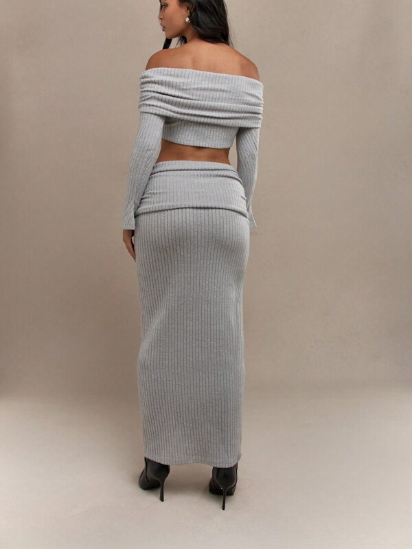 Missguided MISSGUIDED Brushed Rib Ruched Off-Shoulder Long Sleeve Crop Top Maxi Dress Set
