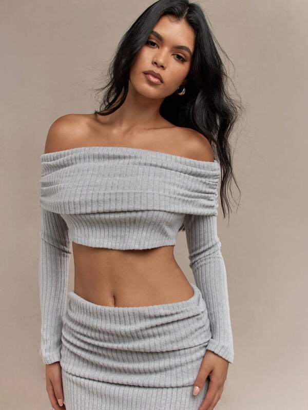 Missguided MISSGUIDED Brushed Rib Ruched Off-Shoulder Long Sleeve Crop Top Maxi Dress Set