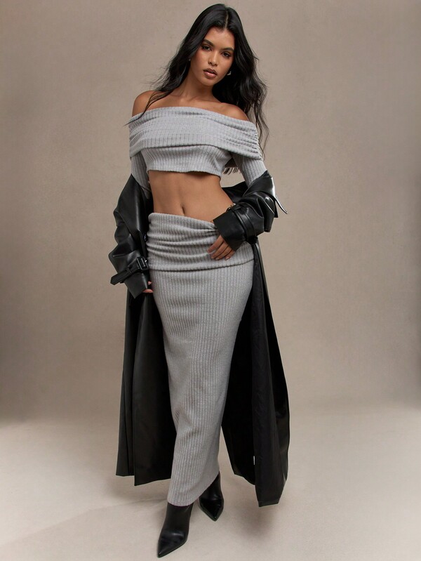 Missguided MISSGUIDED Brushed Rib Ruched Off-Shoulder Long Sleeve Crop Top Maxi Dress Set