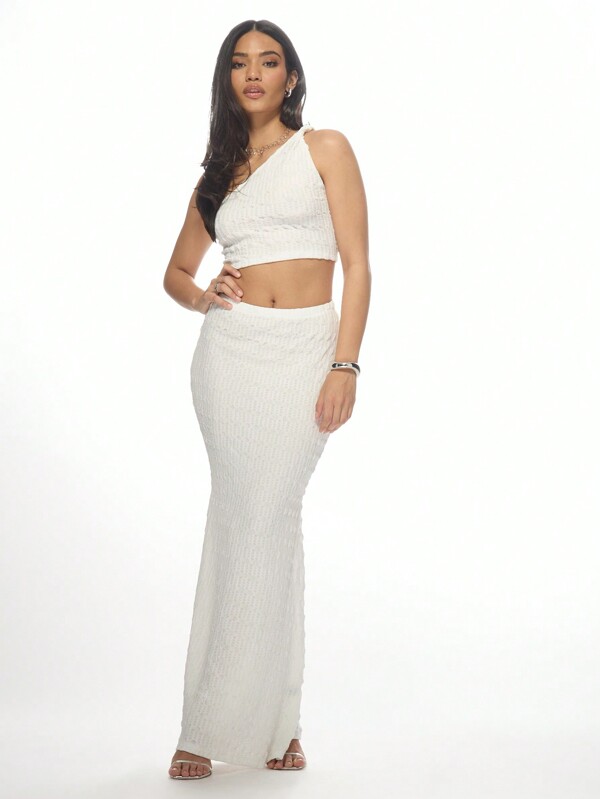 missguided MISSGUIDED Bubble Textured Twist One Shoulder Crop Top Maxi Skirt Set