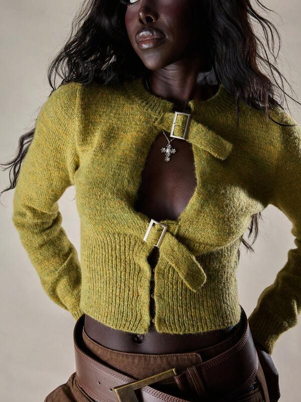 Missguided MISSGUIDED Buckle Front Cropped Knit Cardigan