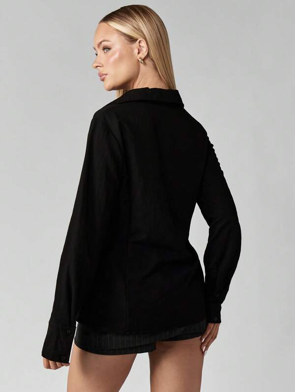 Missguided MISSGUIDED Buckle Front Cut-Out Collared Blouse