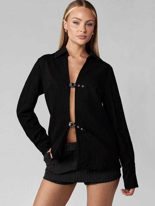 missguided MISSGUIDED Buckle Front Cut-Out Collared Blouse