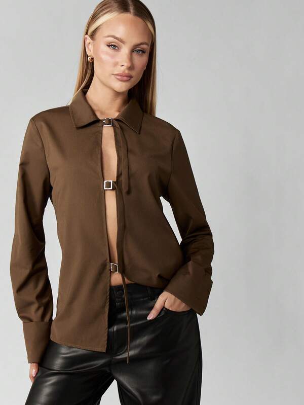 Missguided MISSGUIDED Buckle Front Poplin Shirt With Long Sleeves