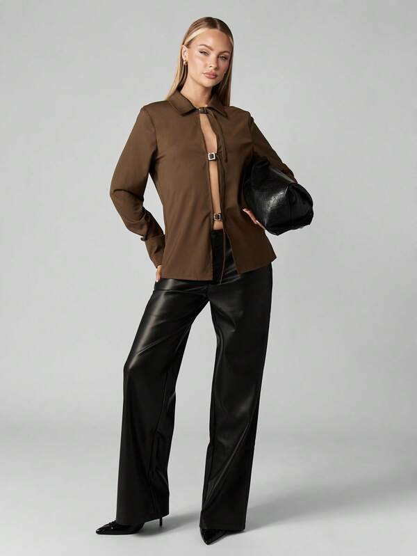 Missguided MISSGUIDED Buckle Front Poplin Shirt With Long Sleeves
