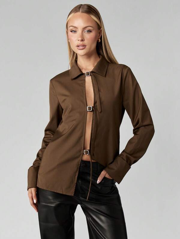missguided MISSGUIDED Buckle Front Poplin Shirt With Long Sleeves