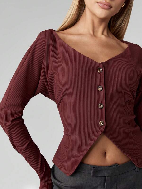 Missguided MISSGUIDED Burgundy Button Front Ribbed Cardigan