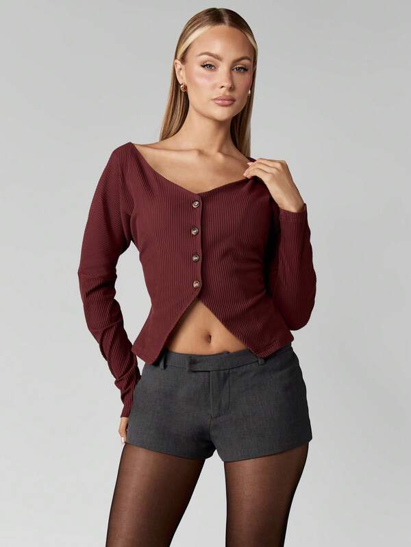 missguided MISSGUIDED Burgundy Button Front Ribbed Cardigan