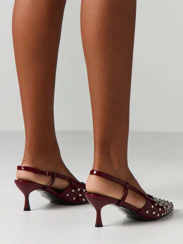 Missguided MISSGUIDED Burgundy Studded Pointed Toe Slingback Pumps