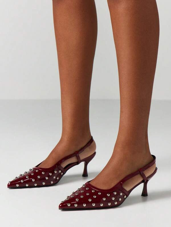 Missguided MISSGUIDED Burgundy Studded Pointed Toe Slingback Pumps