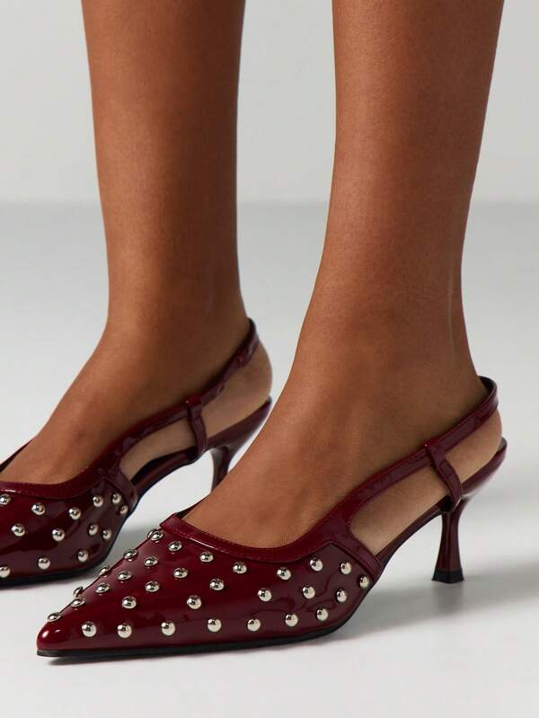 Missguided MISSGUIDED Burgundy Studded Pointed Toe Slingback Pumps