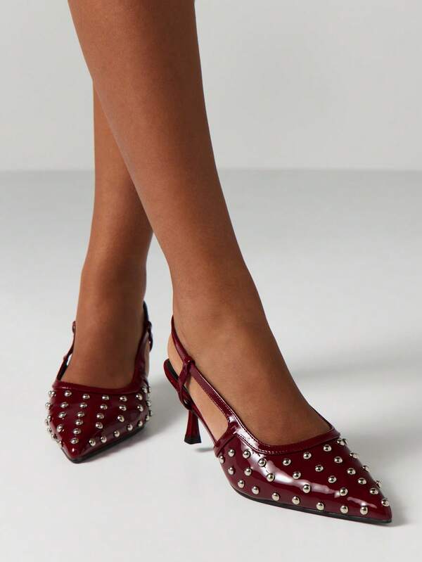 missguided MISSGUIDED Burgundy Studded Pointed Toe Slingback Pumps