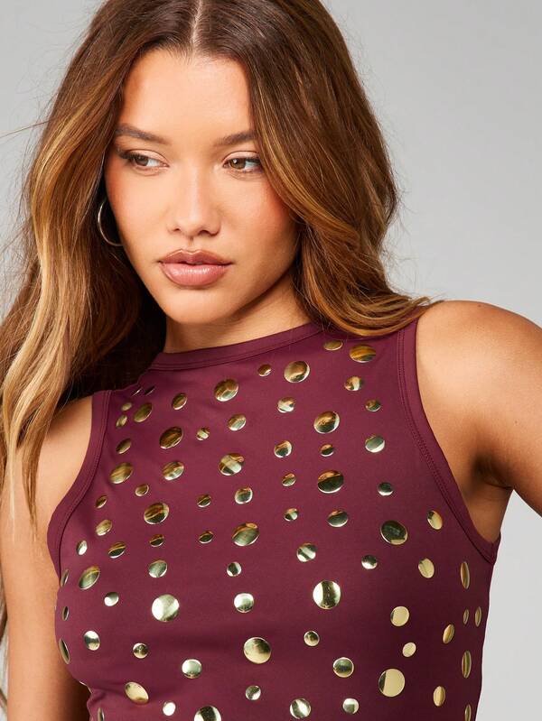 Missguided MISSGUIDED Burgundy Tank Top With Gold Metal Studs