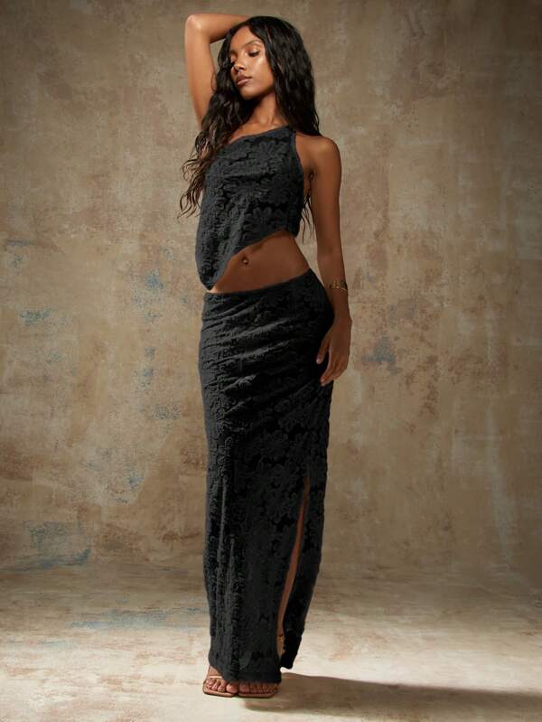 missguided MISSGUIDED Burn Out Velvet Asymmetrical Two-Piece Outfits