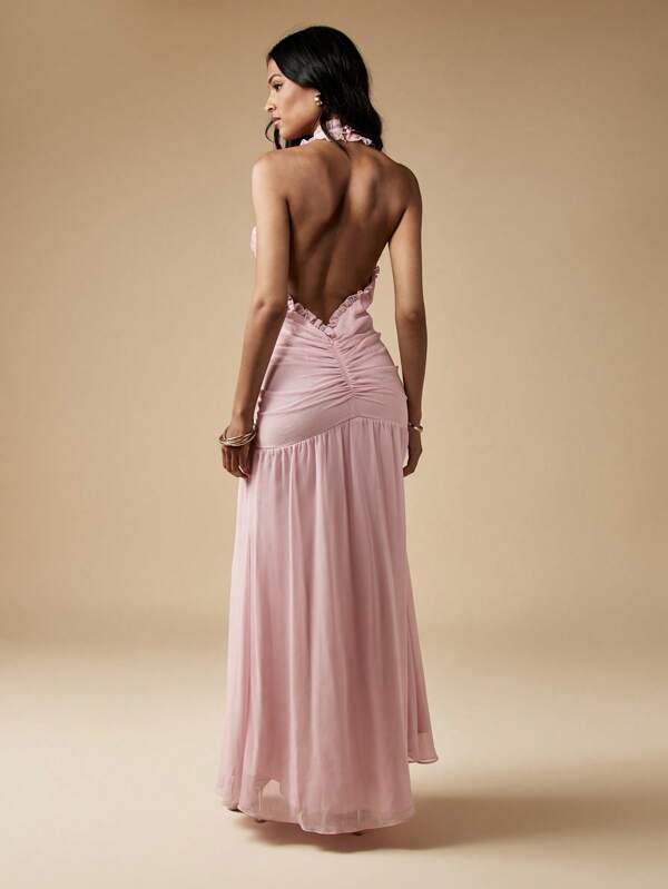 Missguided MISSGUIDED Butterfly Applique Halter Ruffle Chiffon Maxi Dress