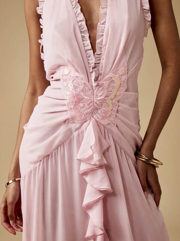 Missguided MISSGUIDED Butterfly Applique Halter Ruffle Chiffon Maxi Dress