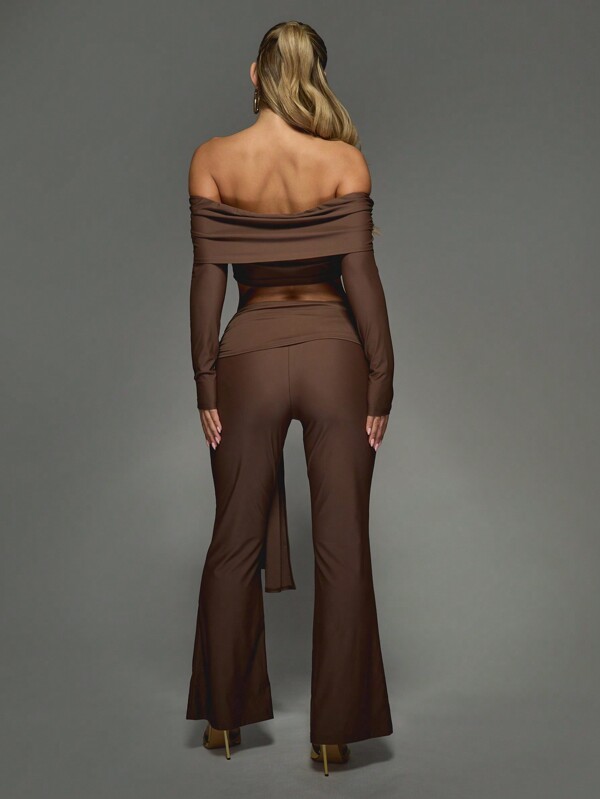 Missguided MISSGUIDED Butterfly Detail Off Shoulder Slinky Long Sleeves Bardot Top And Flare Hem Pants Two Piece Co Ord Set