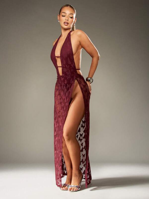 Missguided MISSGUIDED Butterfly Lace Plunge Halter Maxi Dress With Glitter