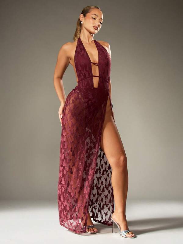missguided MISSGUIDED Butterfly Lace Plunge Halter Maxi Dress With Glitter