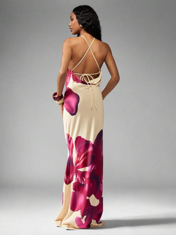 Missguided MISSGUIDED Butterfly Print Halter Neck Maxi Dress With Statement Brooch